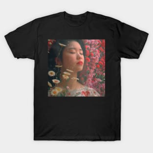 Girl with flowers on her head in the garden T-Shirt